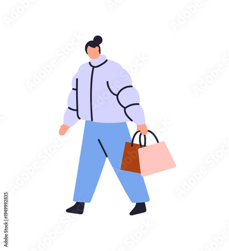 Girl prepares for Christmas celebration and buys gifts. Woman in outerwear carries shopping bags in winter. Person with packs of purchases. Flat isolated vector illustration on white background