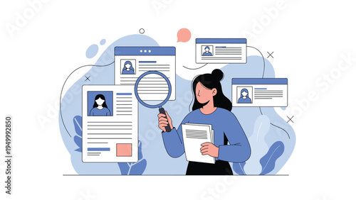 Human resources professional using a magnifying glass to carefully review candidate resumes and job applications.