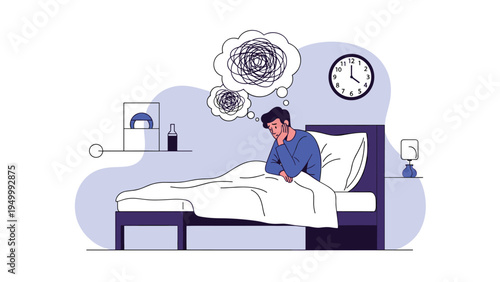 Stressed individual suffering from chronic insomnia and anxiety while lying in bed with overwhelming thoughts at night.