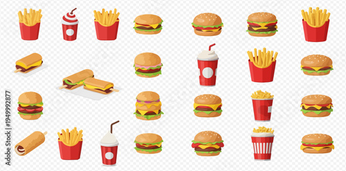 Set of delicious fast food items including burgers, fries, drinks, and hot dogs on a transparent background.