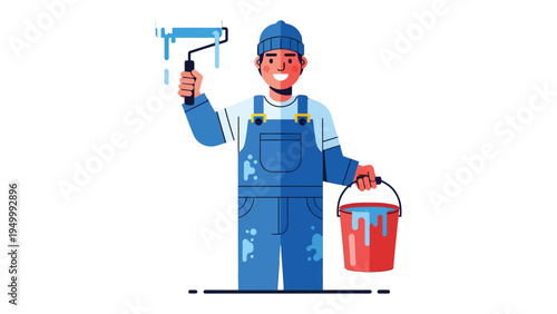 Handy Painter at Work: A painter, clad in overalls and a beanie, works diligently with a roller, and a paint bucket, adding a splash of color to a wall, showing the craftsmanship.