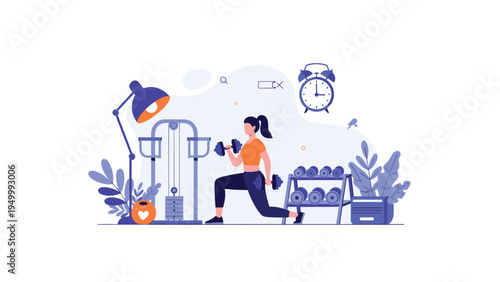 Fit woman performing lunges with dumbbells in a modern home gym equipped with weight machines and an alarm clock.