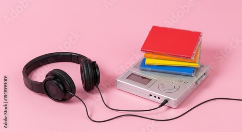 Retro Portable CD Player with Headphones and Stacked CDs Mockup on Pink Background, Nostalgic Music Listening Experience