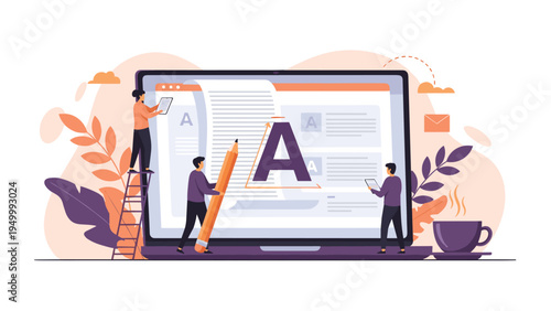 Creative team of copywriters and editors working together to refine content on a giant laptop with pencils and letters.