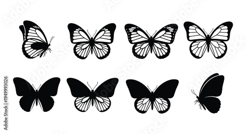 Eight black and white butterfly illustrations arranged in a grid pattern