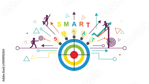 Colorful SMART goals diagram featuring a target, lightbulbs, and business people climbing toward specific objectives.