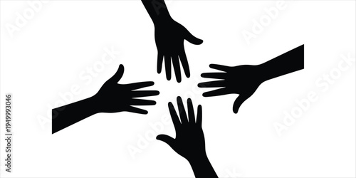 Four black silhouettes of hands reaching towards each other on white background Keywords: hands, silhouette, reaching, helping