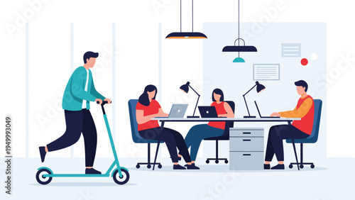 Diverse office team working at laptops while one colleague rides an electric scooter through a modern coworking space.