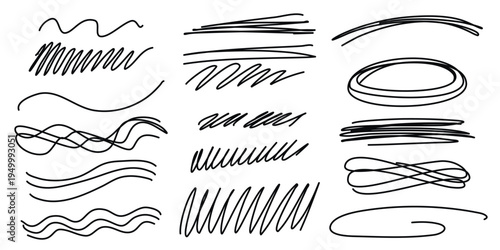 Set of simple hatching, lines and underlines in doodle sketch style. Hand drawn ink elements for journaling, notes and page design. Vector graphics