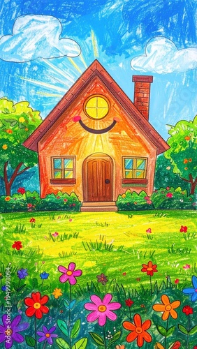 Charming Whimsical House in a Vibrant Flower Garden Under a Sunny Sky.