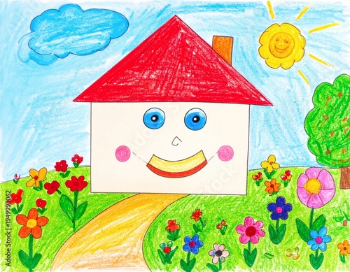Childs Colorful Drawing of a Happy House in a Vibrant Flower Garden Under a Sunny Sky.