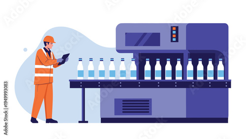 Industrial worker in safety gear monitoring high-speed production of bottled beverages on an automated conveyor belt.