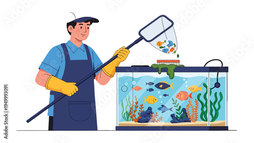 Aquarium Care: A diligent caretaker meticulously tends to a vibrant aquarium, skillfully scooping out aquatic creatures with care.