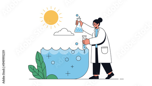 Environmental scientist taking water samples from a large ocean basin for scientific research under a bright summer sun.