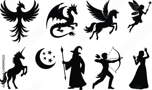 Mythical Creatures and Fantasy Characters Silhouette Collection phoenix dragon