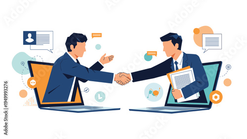 Business professionals completing a deal with a handshake through laptop screens representing the modern era of virtual meetings and global trade.