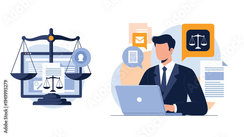 Dedicated lawyer working remotely on a laptop with justice scale icons and legal documents representing online judicial services and advice.