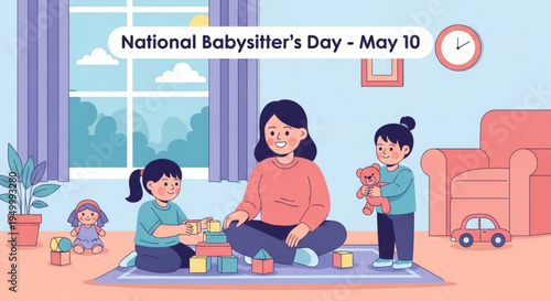 Babysitter and two children playing with blocks on a mat in a cozy living room on national babysitter's day