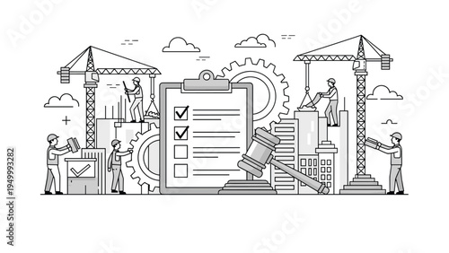 Construction site workers and heavy cranes combined with a legal gavel and checklist to represent building regulations and architectural law.