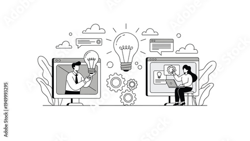Creative team members collaborating on a central idea across separate computer monitors with gears and a large glowing lightbulb illustration.