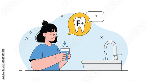 Young woman holding a glass of water with a dental health speech bubble emphasizing the importance of fluoride for maintaining strong teeth.