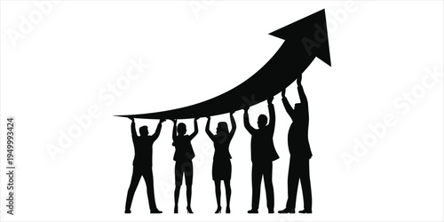 Silhouette of five business people holding up a rising graph arrow silhouettes group