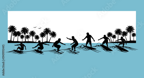 Surfers riding waves against a tropical skyline on transparent background silhouette