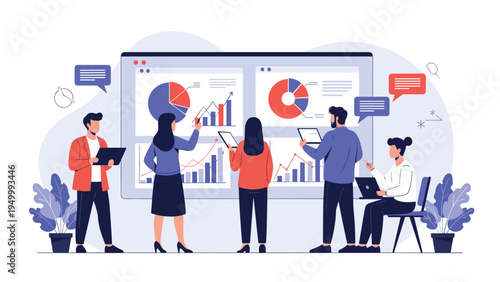 Diverse team of business analysts examining complex data charts and financial graphs on a large digital screen to develop a company growth strategy.