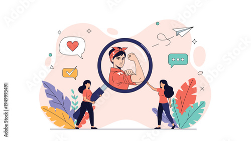 Group of women using a magnifying glass to look at an image of a powerful female figure representing the historical struggle for gender equality.