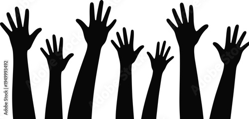 Silhouette of Raised Hands Reaching Upwards Against White Background Keywords: hands, raised, up, reaching, group, people, unity