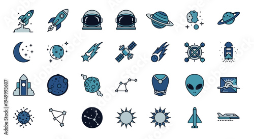 Blue space exploration icons with planets and rockets on transparent background silhouette