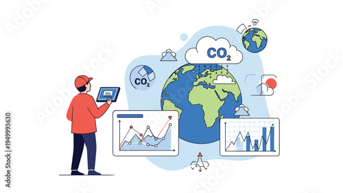 Industrial worker using a tablet to monitor global carbon dioxide levels and environmental data across various digital screens and world maps.