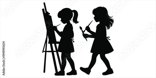 Silhouette of two girls painting at an easel and holding brushes children kids