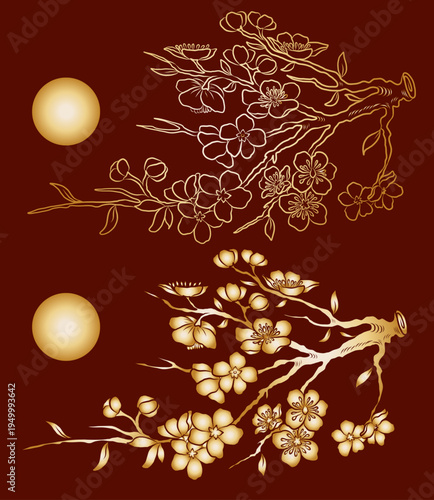 Free hand Sakura flower vector set, Beautiful line art Peach blossom isolate on white background.Cherry blossom illustration set.Element for weding card or printing on backdrop.