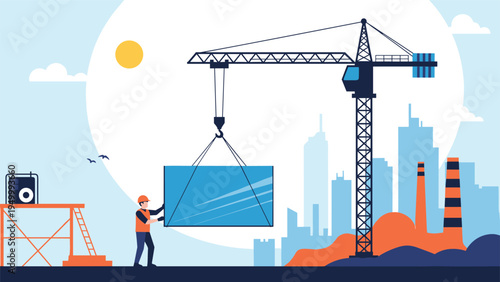 Construction worker in high-visibility gear guiding a heavy crane as it lifts a large structural panel at an urban city development project site.