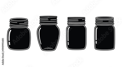 Four black and white illustrations of various mason jars displayed together