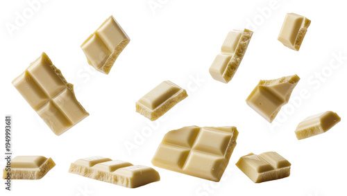 Foto Isolated flying pieces of white chocolate breaking apart, delicious milky desser