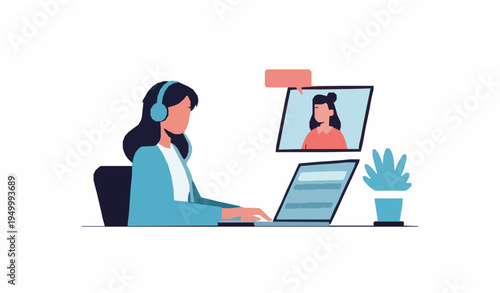 business people working on laptop Woman Working Remotely on Laptop Video Call Online Meeting Vector Illustration