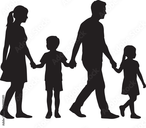 A silhouette illustration of a happy family holding hands and walking together on white background Vector, illustration