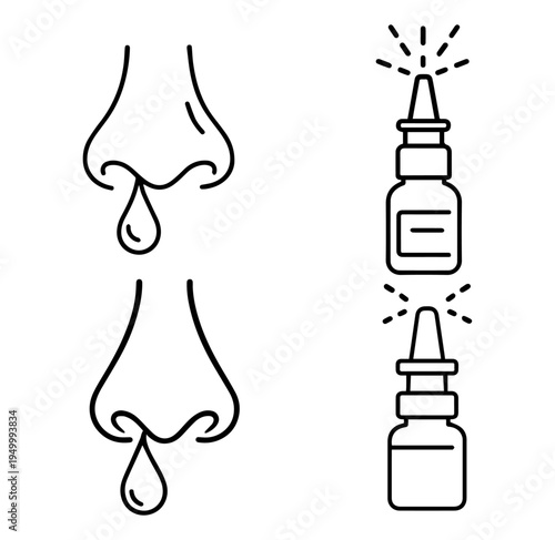 Runny Nose with Drip and Nasal Spray Bottle Linear Medical Icons Set