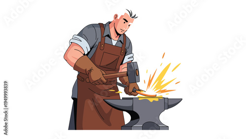 Blacksmith at Work: A blacksmith focuses intently as he works at his anvil, the fiery sparks illuminate the scene, showcasing the raw power of the craft.