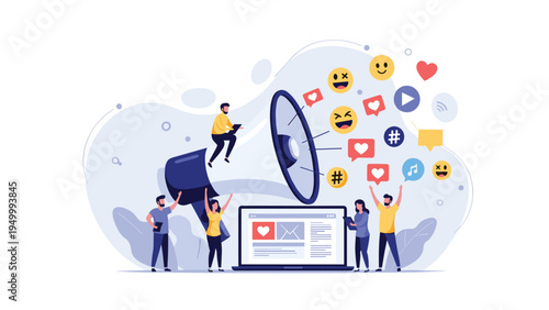 Creative marketing team uses a giant megaphone to broadcast social media icons and digital communication messages.