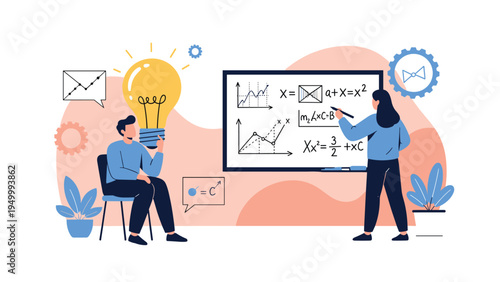 Two researchers collaborate on a whiteboard filled with complex mathematical equations and scientific formulas.
