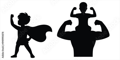 Silhouettes of a superhero child and a father with child on shoulders flexing muscles vector illustration