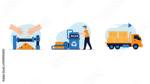 Sequential illustration of a recycling process showing waste shredding baling and transportation by a cargo truck.