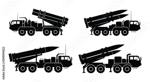 Four black silhouettes of military missile launchers on wheeled vehicles