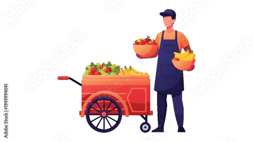 Fruit Vendor's Bounty: A vendor stands beside his vibrant fruit cart, showcasing a colorful array of fresh produce, ready to serve customers.