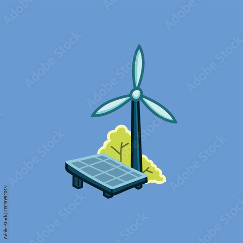 Renewable Energy Concept With Wind Turbine, Solar Panel and Eco Friendly Green Illustration