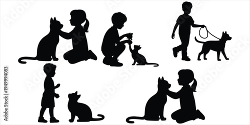 Silhouettes of children interacting with cats and dogs on a white background kids pets