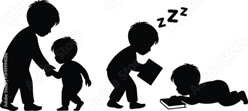 Silhouettes of children playing reading and sleeping on white background Keywords: children, silhouette, baby, toddler, boy